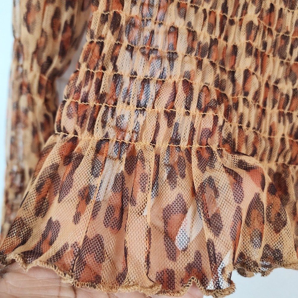 Free People Women's Leopard Print Smock Crop "Hello There" Sheer L/S Top, sz SM - Picture 10 of 12